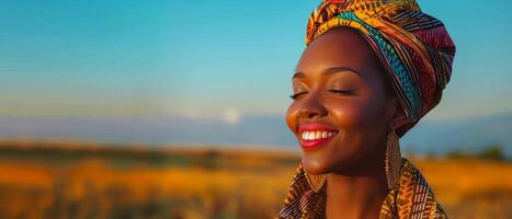 Woman In Colorful Headscarf Smiling In Golden Field At Sunset photo