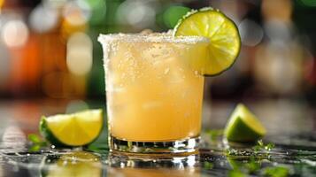 Refreshing Lime Margarita With Salt Rim on Bar Counter photo