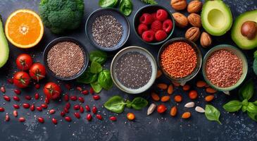 Healthy Food Ingredients With Fresh Produce and Seeds photo