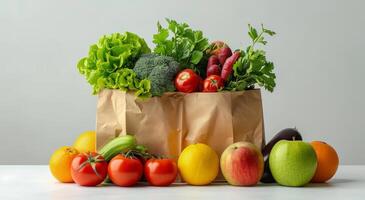 Brown Paper Bag Filled With Fresh Produce on White Background photo