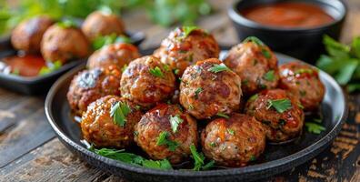 Closeup of Delicious Glazed Meatballs With Parsley Garnish on a Black Plate photo