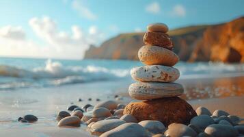 Balanced Rocks on a Beach With Ocean and Rocky Coastline in the Background photo