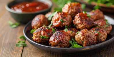 de cerca de delicioso vidriado albóndigas con perejil adornar en un negro plato foto