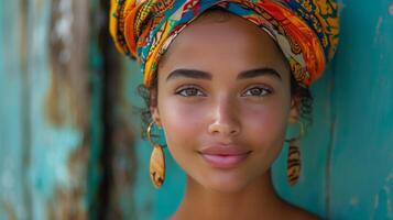 Woman Wearing Colorful Headscarf and Jewelry Against Blue Background photo