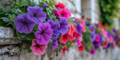 Colorful Petunia Flowers Blooming on a Stone Wall photo