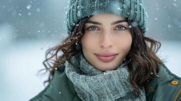 Woman in Knitted Hat and Scarf Standing in Winter Snow photo