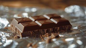 A Piece of Dark Chocolate on Silver Foil Wrapping photo