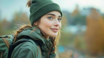 Woman in Knitted Hat and Scarf Standing in Winter Snow photo