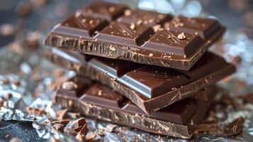 Dark Chocolate Bars Stacked on Foil, Close-Up photo