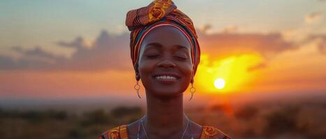 mujer en Pañuelo sonrisas a puesta de sol en África foto