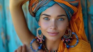 Woman Wearing Colorful Headscarf and Jewelry Against Blue Background photo