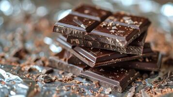 Dark Chocolate Bars Stacked on Foil, Close-Up photo