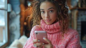 Young Woman Using Smartphone In Pink Alley photo