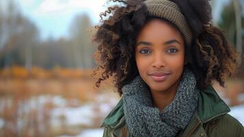 Woman in Knitted Hat and Scarf Standing in Winter Snow photo