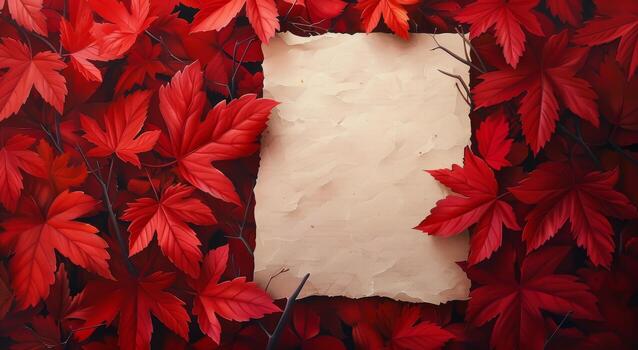 Red Maple Leaves Surrounding Blank Paper Background photo