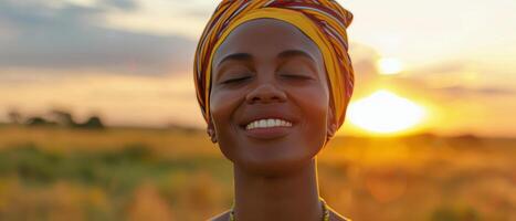 Woman In Headscarf Smiles At Sunset In Africa photo