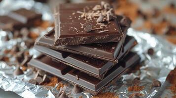 Dark Chocolate Bars Stacked on Foil, Close-Up photo