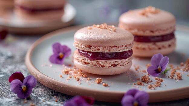 Pink Macarons With Raspberry Jam Filling on a Plate With Purple Flowers photo