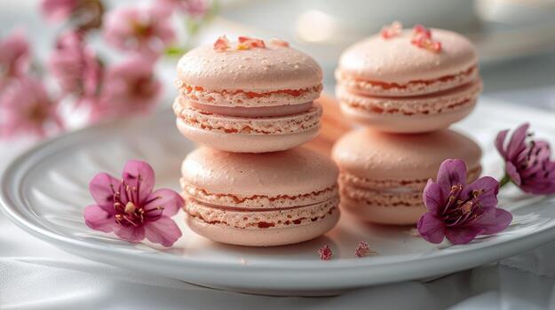 Pink Macarons With Raspberry Jam Filling on a Plate With Purple Flowers photo