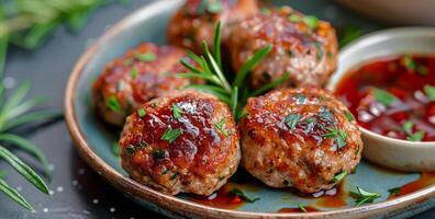 Close Up of Glazed Meatballs on a Black Plate photo