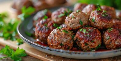 Close Up of Glazed Meatballs on a Black Plate photo