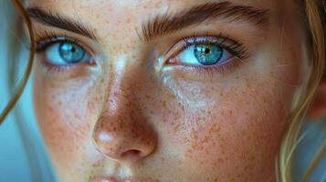 de cerca retrato de un joven mujer con rojo pelo y pecas foto