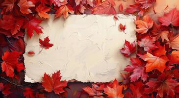 Red Maple Leaves Surrounding Blank Paper Background photo