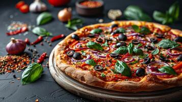 Close Up of Delicious Vegetarian Pizza With Red Onion, Black Olives, and Basil photo