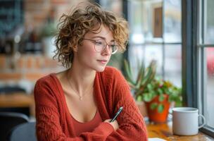 Woman With Curly Hair Sitting at a Table in a Cafe photo