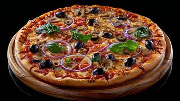 Delicious Homemade Pizza With Red Onion, Olives, and Basil photo