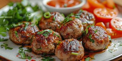 Close Up of Glazed Meatballs on a Black Plate photo