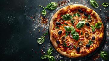 Close Up of Delicious Vegetarian Pizza With Red Onion, Black Olives, and Basil photo