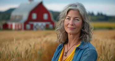 Woman Standing in Front of Red Barn photo