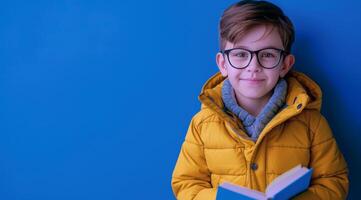 pequeño chico en amarillo chaqueta leyendo libro foto