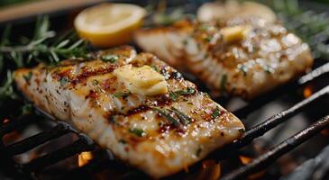 Grilled Fish Fillet With Lemon and Butter on a Grill photo