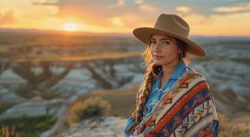 mujer en vaquero sombrero sentado en campo foto