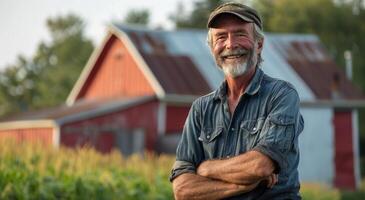 Man Standing in Field With Barn in Background photo