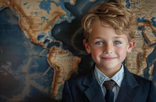 Young Boy in Suit and Tie Standing in Front of World Map photo