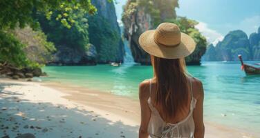 Woman in Hat Standing on Beach photo