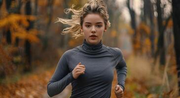 mujer corriendo mediante bosque en gris parte superior foto