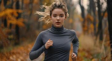 Woman Running Through Forest in Gray Top photo