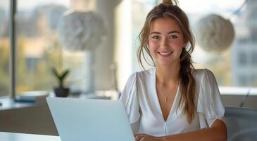 Woman Sitting in Front of Laptop Computer photo