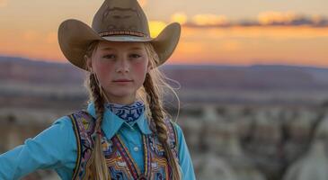 joven niña en vaquero sombrero y azul camisa foto