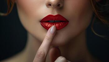 mujer vistiendo rojo lápiz labial en su rostro. foto