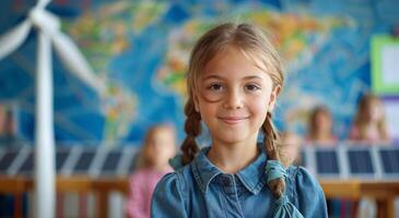 Young Girl Smiling in Classroom With Wind Turbine Model in Background photo