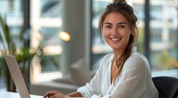 Woman Sitting in Front of Laptop Computer photo