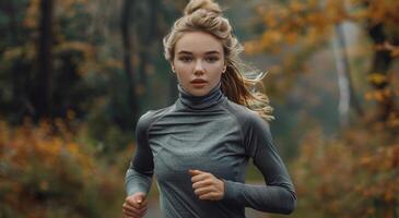 Woman Running Through Forest in Gray Top photo