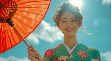 mujer vistiendo tradicional japonés kimono con paraguas debajo azul cielo foto