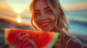 Woman Smiles Holding Slice of Watermelon photo