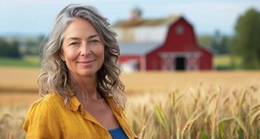 Woman Standing in Front of Red Barn photo